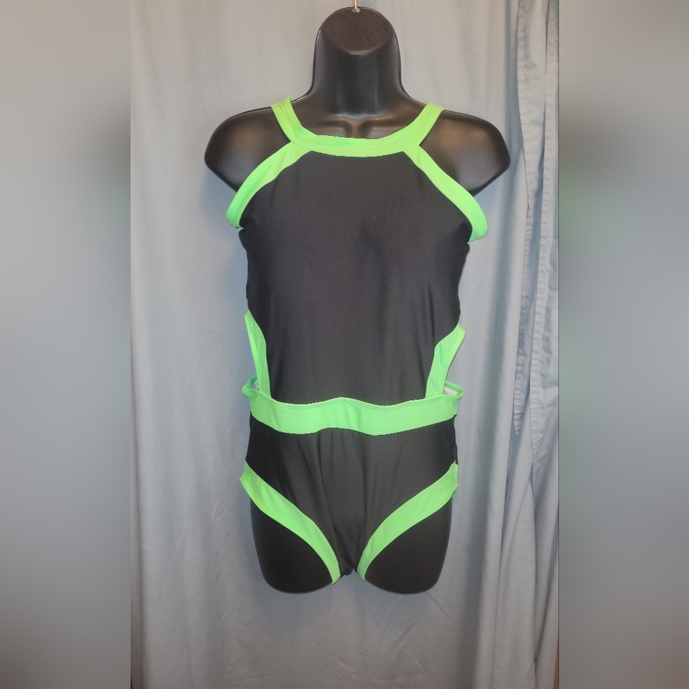 Black one-piece swimsuit trimmed in lime green. NWOT.